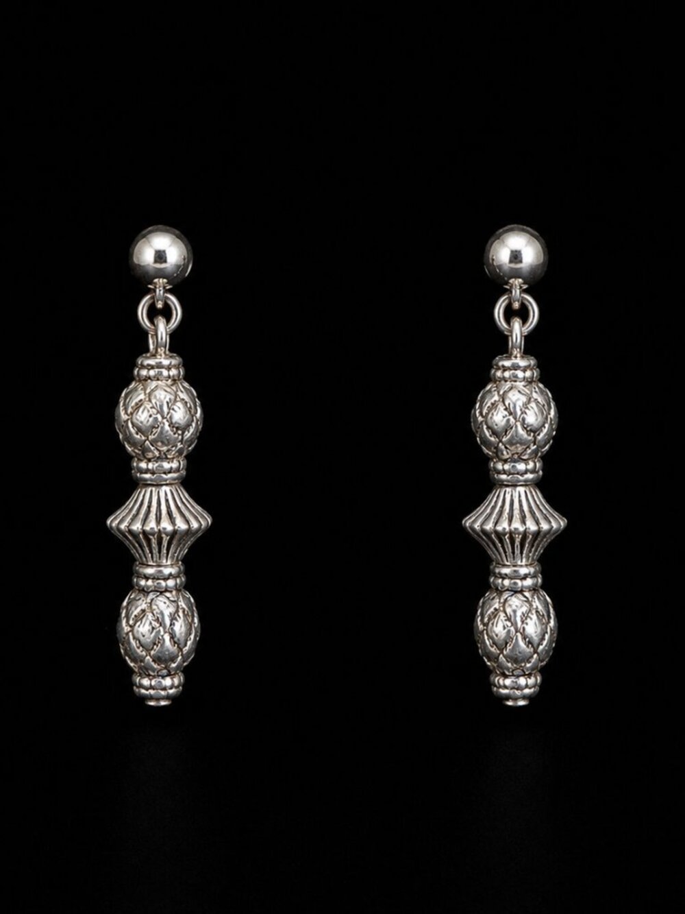 Antiqued Silver Bali Style Ornate Bead Drop Dangle Earrings Dubai Market Find